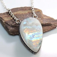 Vintage Huge Rainbow Moonstone 925 Silver Plated Necklace 18