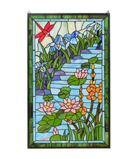 20.25" x 34 Tiffany Style stained glass window panel Dragonfly water lily QA632