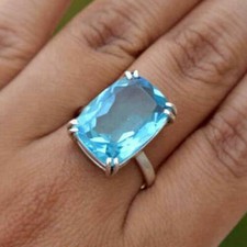 Cushion Cut Blue Quartz Ring 925 Sterling Silver Prong Set Artisan Handmade Ring