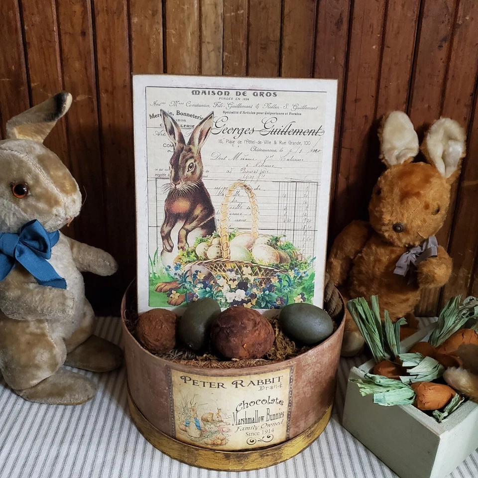 OLD PRIMITIVE ANTIQUE VINTAGE VICTORIAN RETRO STYLE EASTER BUNNY BASKET EGG SIGN - Image 2 of 4