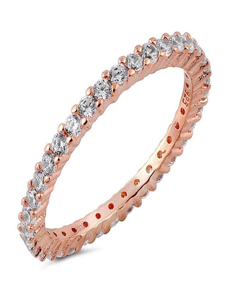 2.5mm Round CZ Rose Gold Plated Stack Wedding Eternity Band Ring 925