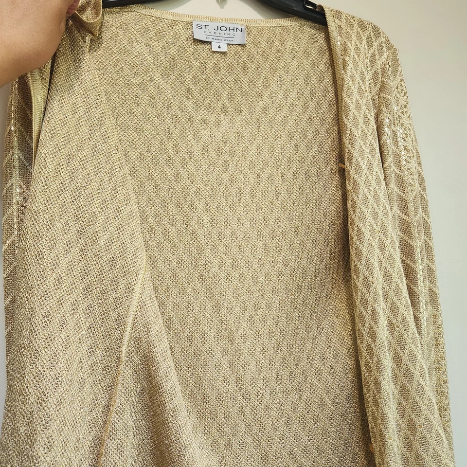 ST. JOHN 2 Pcs Jacket and Skirt S4 Knit Gold Shimmer Sequins Studs Throughout  - Image 3 of 4