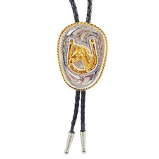 German Silver Horseshoe Horse Head Bolo Tie Gold Tone 36 inch Cord Made in USA