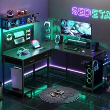 SEDETA L Shaped Gaming Desk with LED Lights, Pegboard and Drawers, Black
