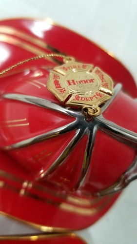 TWO Vtg 2002 Xmas Ornament RED FIREFIGHTER HELMETS Bradford Porcelain 5" LONG - Picture 5 of 9