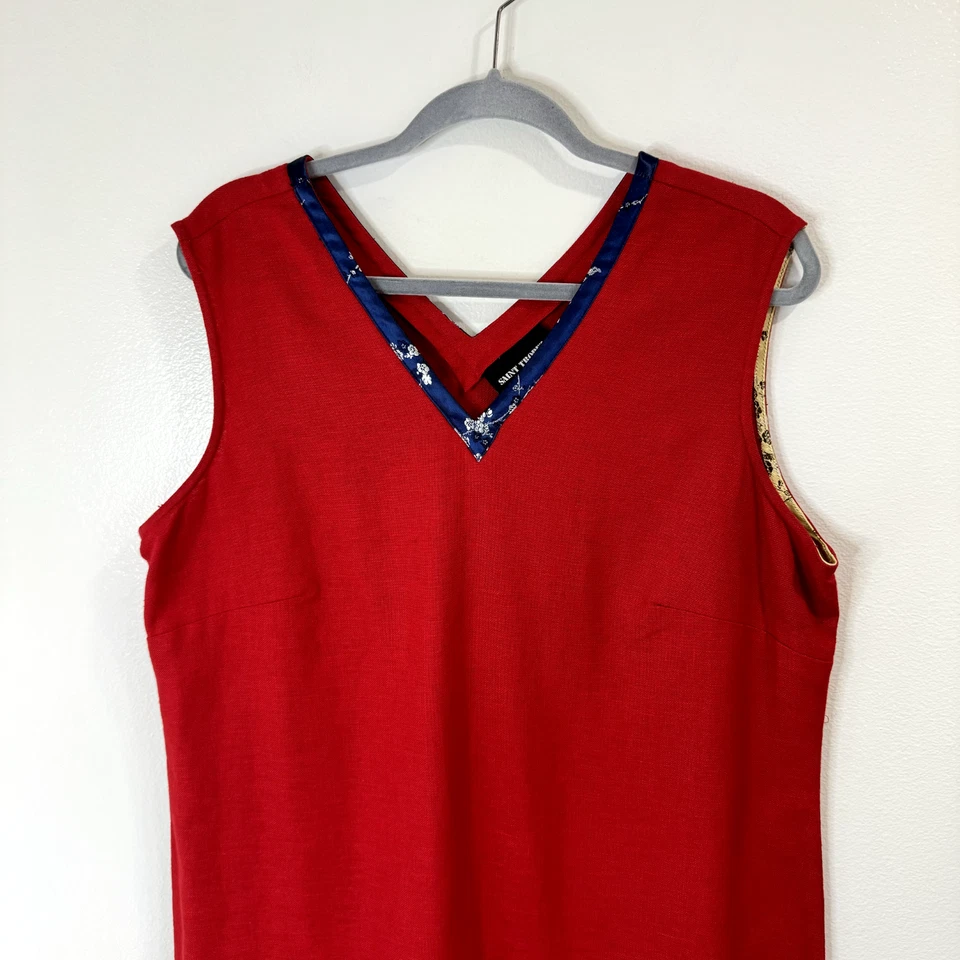 Vestido Camisa Midi Vintage Saint Tropez West Lino Rojo Talla 14 Cheongsam Satén Floral Foto 2 de 4