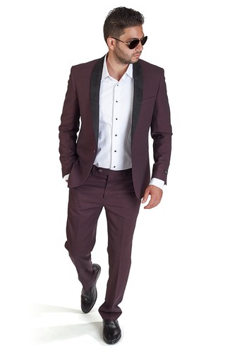 Slim Fit Men Suit Burgundy 1 Button Shawl Suede Collar Lapel Single Vent AZAR - Picture 3 of 6