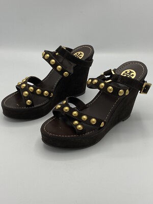 Tory Burch Brown Suede Studded Wedge Sandals Size 7 Retail $398 | eBay