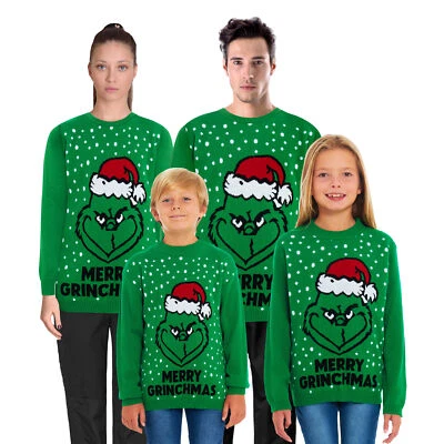 Grinch Christmas Jumper Family Mens Womens Kids Unisex Xmas Knit Sweater Novelty - Image 1 of 4