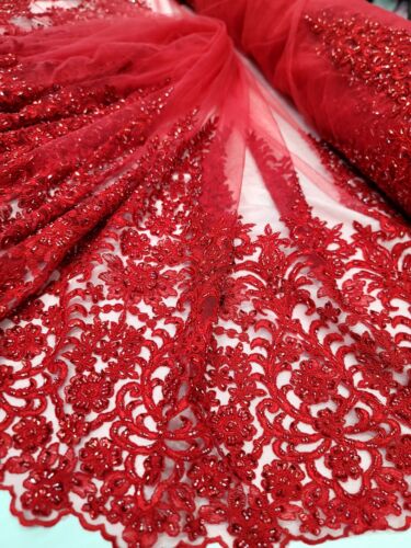 Red Embroidery Beaded Sequins Bridal Lace 50” Width Fabric Sold By The Yard  - Picture 1 of 12