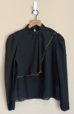 Vintage Blouse 70s 80s Silky Secretary Ruffle U Turn Womens Size Medium Sheer