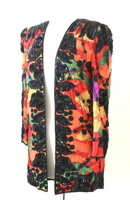 Jasdee Vintage Jacket 32''Length HandWork Bead & Sequins HandPrint On Silk # 5058