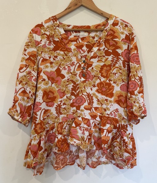 Label Of Love Ladies Top Size M Orange Floral Boho Gypsy Oversized Rayon Casual