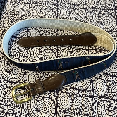 Ribbon Belt Men's Golf Swing Navy Brown Leather Canvas Solid Brass Buckle  Sz 40
