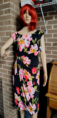 Connected Apparel Women's Floral Ruched Dress SZ 14 Black Pink Stretch NWT
