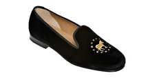 Stubbs & Wooton Black Velvet Slip On Loafers Gold Embroidered Democrat, Size 10
