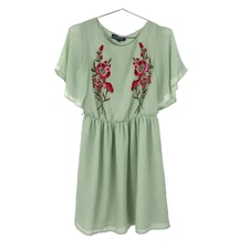 Womens Small Modcloth Emulate Ethereal Blouson Dress Green Floral Embroidered