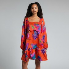 FARM Rio Orange Abstract Floral Jacquard Mini Dress Puff Sleeve Open Back Size M