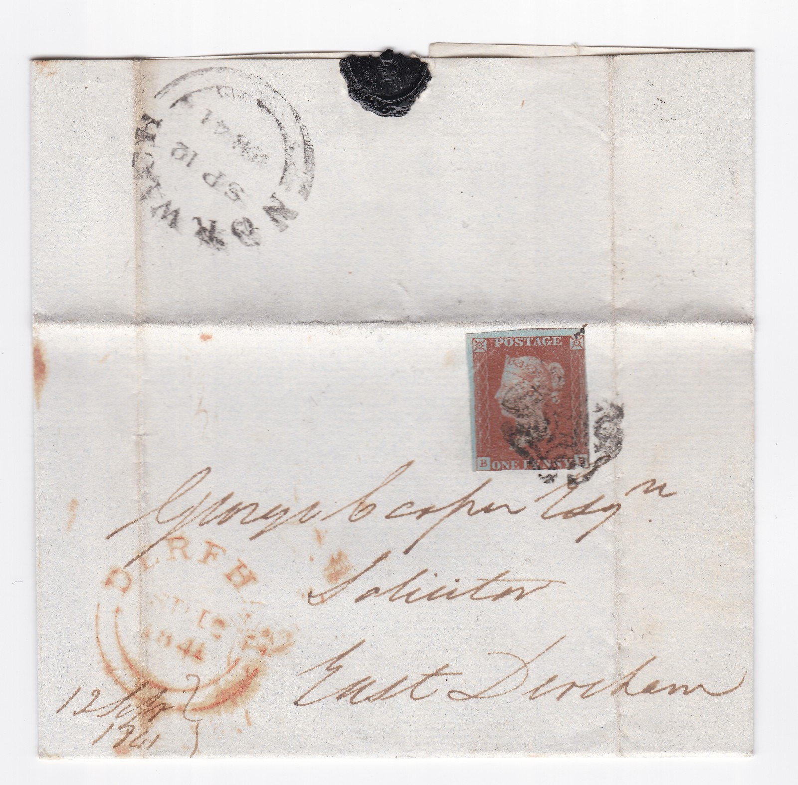 1841 QV 1d PENNY RED STAMP (BLUED PAPER) NORWICH MX MALTESE CROSS ON WRAPPER