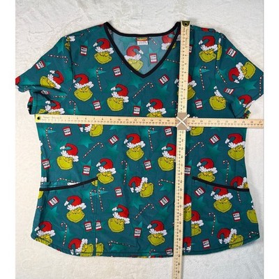Dr. Seuss Grinch Christmas Scrub Top Women s 3XL/2XG V-Neck Holiday Pockets