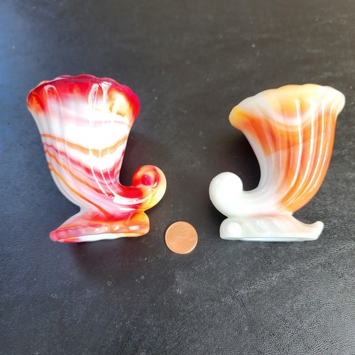 (2) Lot Vintage 3" Imperial Art Swirl Glass Slag Cornucopia Red Orange Milk Desk - Picture 5 of 11