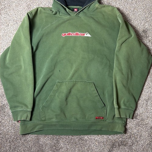 Quiksilver Hoodie Mens L Green Vintage Y2K Distressed Graphic Pullover