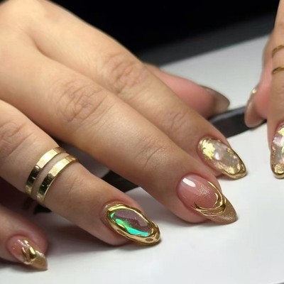 24 Pcs Quicksands False Nail Almond Shape Press On Nail Glittering on Nail