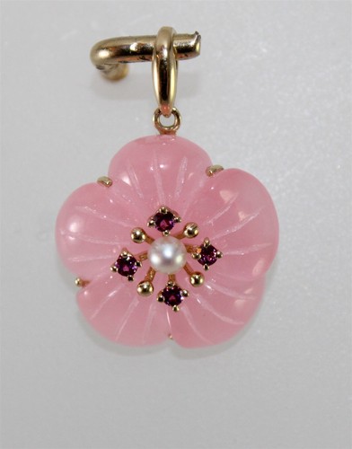 14K Gold rosa Jade geschnitzte Blume Anhänger mit Amethyst & Perle Akzent 1"