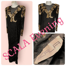 Gorgeous Vintage SCALA 100 Silk Black Gold Sequin Evening Gown Size PL, Long