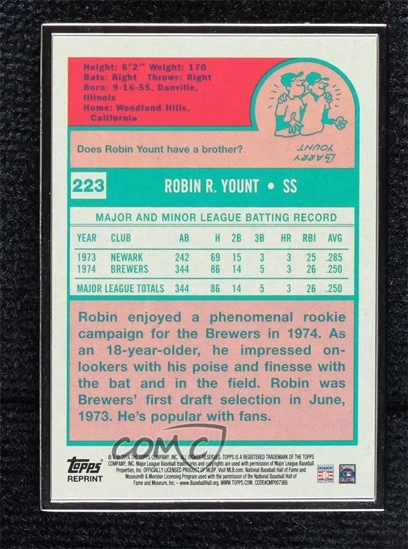 2014 Topps Framed Rookie Reprints Black /199 Robin Yount #223 HOF - Image 2 of 2