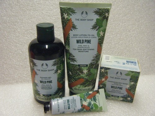 BODY SHOP " WILD PINE " BODY LOTION, SHOWER GEL, BATH BOMB + HAND BALM - ALL NEW