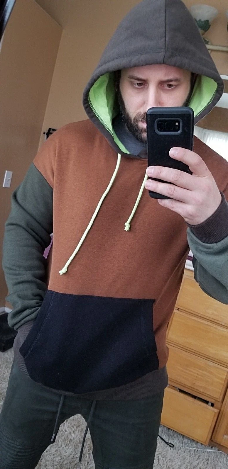 Men's Cotton On 3-Toned Mixed Pullover Fleece Hoodie Neon Green Olive Brown M