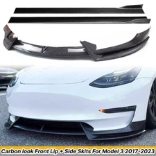 For Tesla Model 3 2017-2023 Front Bumper Lip Spoiler + Side SKirts Carbon Style