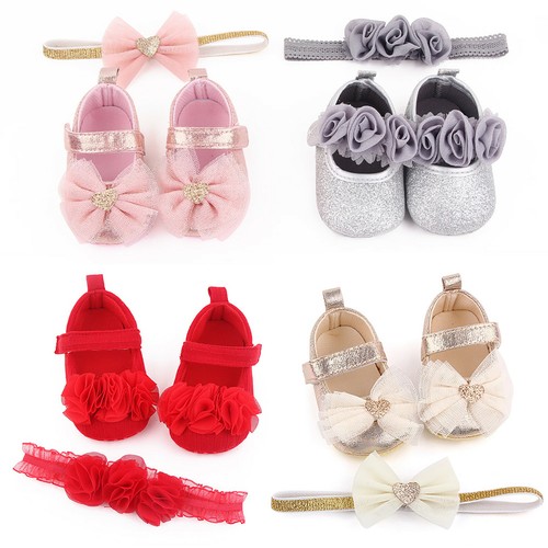 Baby Girls Party Shoes and Headband Silver Pink Black Red Gold 0 3 6 9