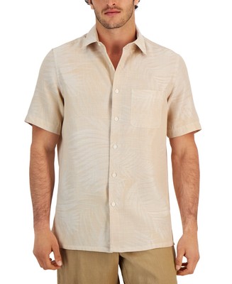 Club Room Men's Linen Blend Elevated Palm Jacquard Shirt Khaki Combo-Small