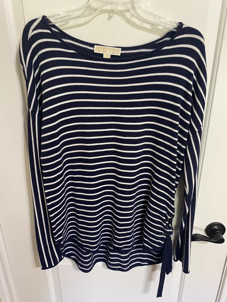 Ladies Michael Kors Blue White Striped Shirt Top Blouse Sweater Size M