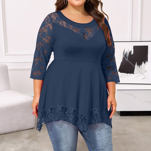 Plus Size Womens Sexy Lace Tunic Tops Ladies Long Sleeve Pullover T Shirts Tee - Picture 5 of 24