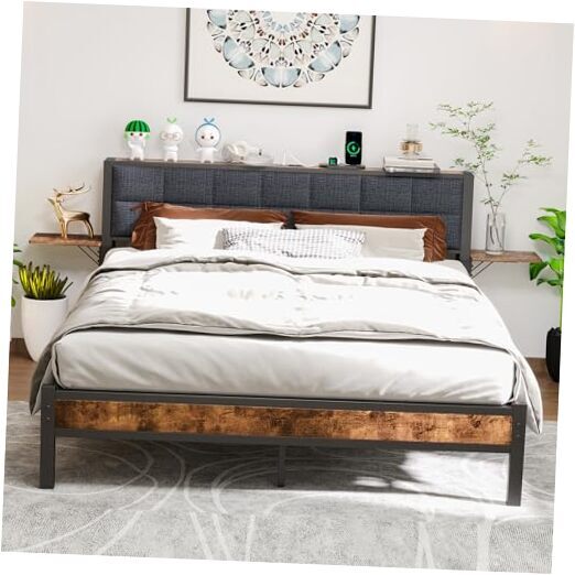 Queen Metal Bed Frame with Ergonomic Upholstered Headboard and Charging