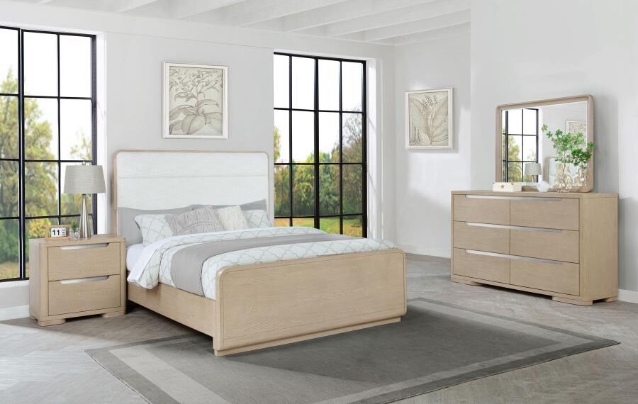 4 PC AIRY SLEEK LIGHT ELM FINISH CREAM UPHOLSTERED QUEEN BED
