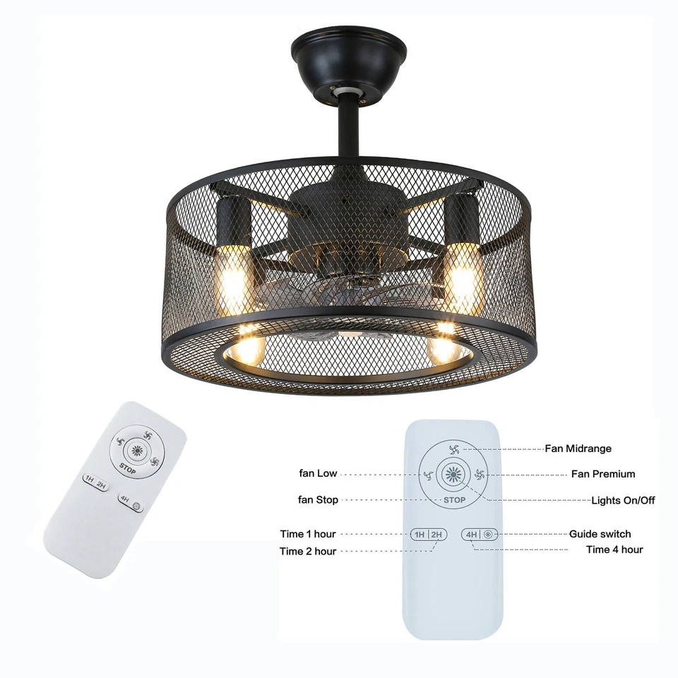 18/20" Ceiling Fan Light Farmhouse Cage Chandelier Pedant Lamp w/ Remote Control - Image 3 of 4
