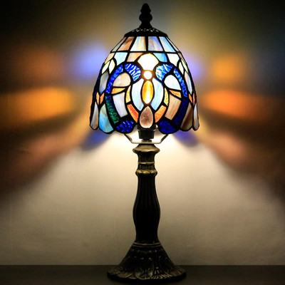 Small Tiffany Lamp Mini Accent Table Lamp Blue Cloudy Liaison Style Stained Glas