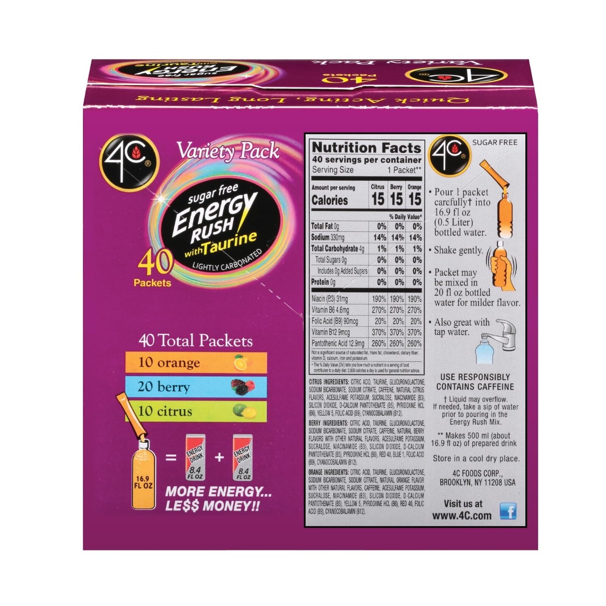 4C Energy Rush Stix Berry Flavor - Sugar Free Water Enhancer With Taurine