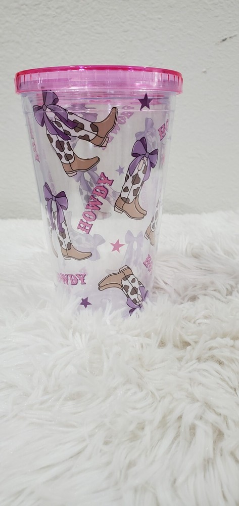 Howdy Pink Hat Boots & Bows 15oz Travel Tumbler Sipper Cup  