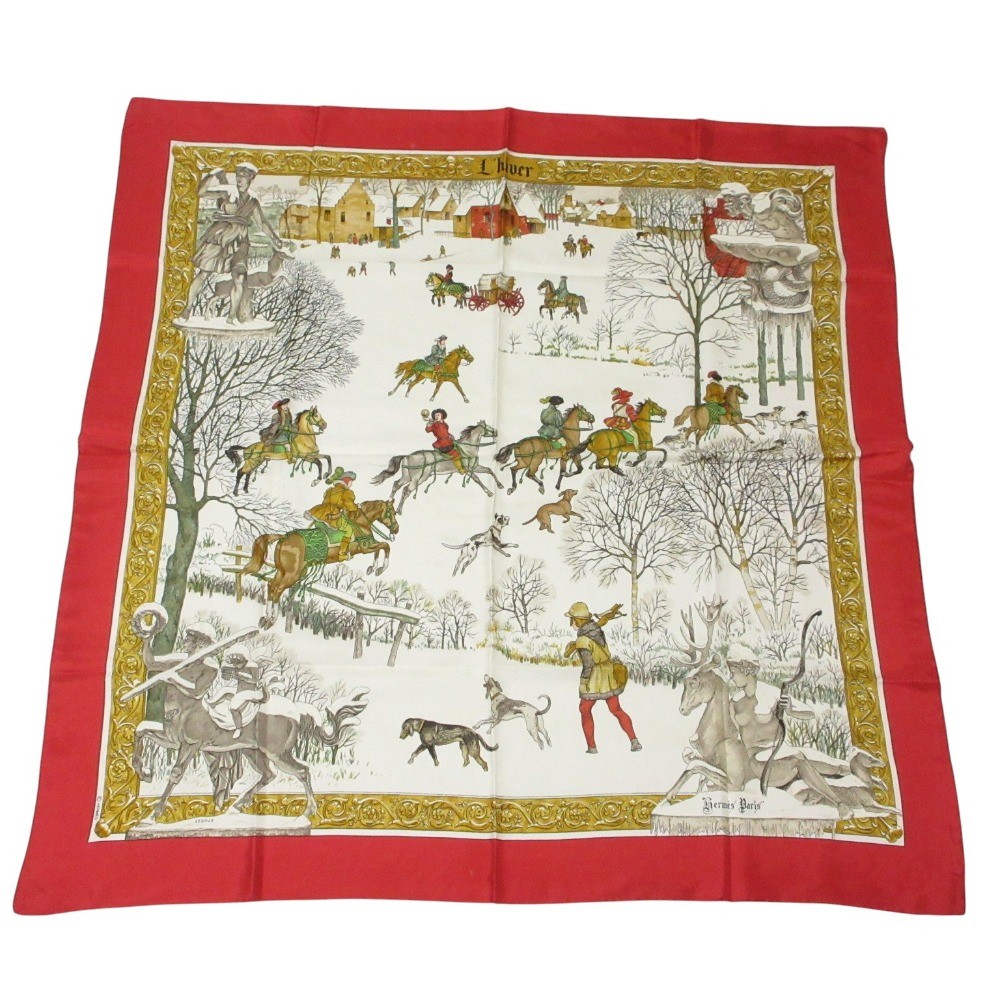 Used Hermes Carre 90 L Hiver Winter Fire Scarf Red White Women'S Luxs Brand Clot