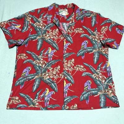 Paradise Found Vintage Hawaiian Button Shirt Mens XL Red Parrot Floral Magnum PI