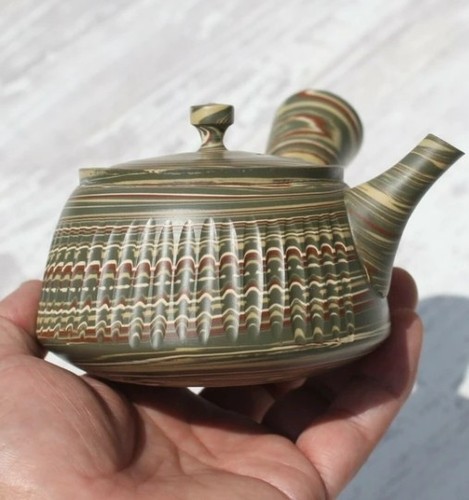 Tokoname Pottery Japanese Teapot Green Marble Cut Kyusu 200ml by Tosen Japan - Picture 14 of 16