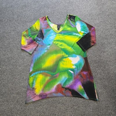 Clara Sun Woo Top Women Medium Green Stretch Tunic V Neck Abstract Art Casual