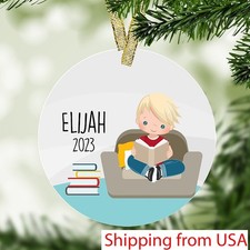 Reading Boy Personalized Christmas Ornament - Book Lover Ornament, Book Worm,...