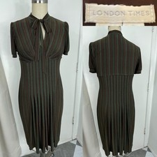 London Times Size 8 Brown Knit Dress. Pleats, Gathers, Ties, Puff, Retro