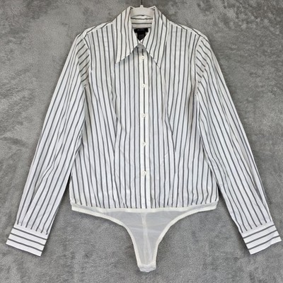 Vintage Body By Victoria Bodysuit Women's M White Striped Collared Shirt 90s